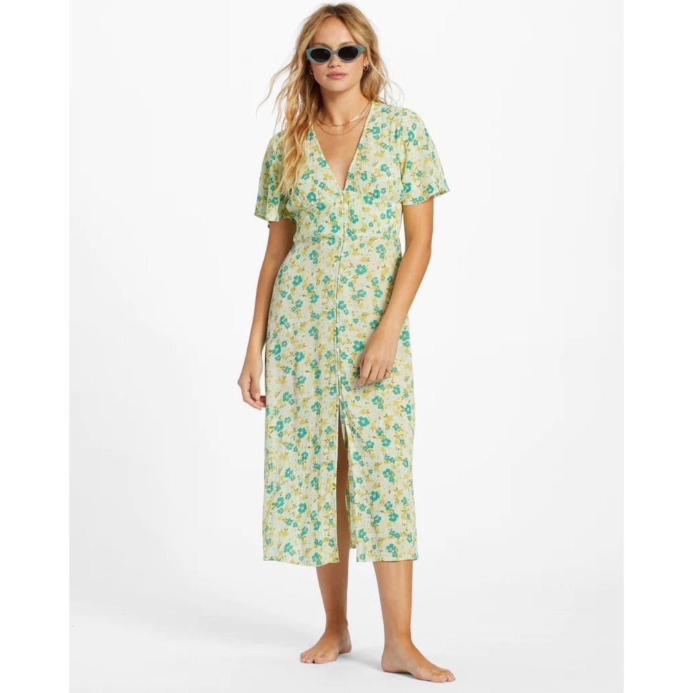 NWT Billabong Your Girl Maxi Dress Large 12‎ Lime Floral V-Neck Romantic Buttons